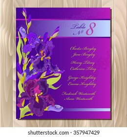 Iris flower wedding guest list for table. Purple iris flower and lace background. Iris bouquet hand drawn vector illustration. Printable wedding design blank template. Vector illustration 