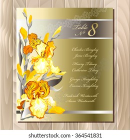 Iris flower wedding guest list for table. Yellow iris flowers and lace background. Wedding iris bouquet hand drawn vector illustration. Printable wedding design blank template. Vector illustration.