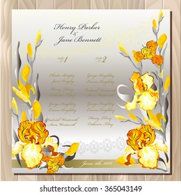 Iris flower wedding guest list for table. Yellow iris flowers and lace background. Wedding iris bouquet hand drawn vector illustration. Printable wedding design blank template. Vector illustration 