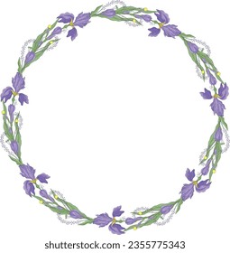 Iris flower wreath template. Vector hand drawn floral round frame isolated on white background. For cards, invitations, save the date cards
