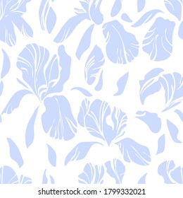 Iris flowers abstract spots seamless pattern. Delicate pastel color. Hand drawn nature painting. Vector illustration