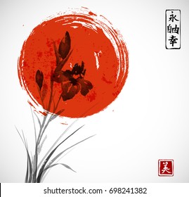 Iris flowers and big red sun hand drawn with ink. Traditional oriental ink painting sumi-e, u-sin, go-hua. Contains hieroglyphs - eternity, freedom, happiness, beauty