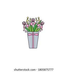 Iris flowers in a box - flat color line icon on isolated white background. Bunch of flowers in a container - vector illustration in simple linear design.