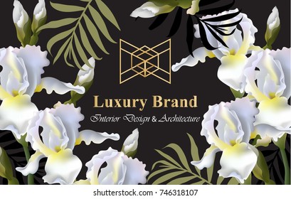 Iris flowers card Vector. Beautiful illustration for invitation, wedding, brand book, business card or poster. Place for texts