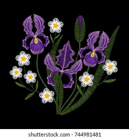 Iris flowers with chamomile embroidery, vector fashion illustration. Violet embroidery template, spring purple irises, wildflowers on black background.