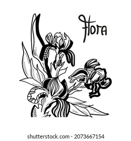 Iris flowers are drawn graphically with lettering Flora. Vector illustration for postcard, poster, interior, textile.