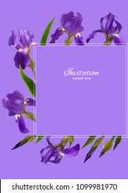 Iris. Flowers. Floral background. Border. Buds. Blue. Petals. Flower pattern. Square frame. Green leaves. The stems.