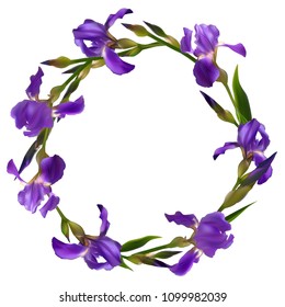 Iris. Flowers. Floral background. Border. Buds. Blue. Petals. Flower pattern. Wreath. Green leaves. The stems.