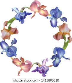 Iris. Flowers. Floral background. Border.  Blue. Petals. Flower pattern. Wreath. Green leaves.