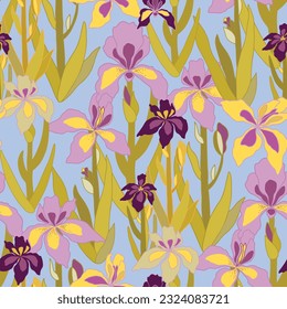 Iris flowers garden. Seamless pattern on blue background. For textile, wrapping paper, packaging, DIY projects.