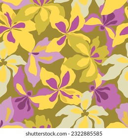 Iris flowers hand drawn seamless pattern on green background. For textile, wrapping paper, packaging, DIY projects.