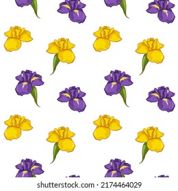 Iris flowers isolated on white background. Seamless vector pattern.