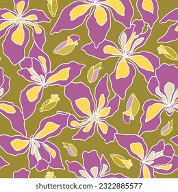 Iris flowers large scale seamless pattern on green background. For textile, wrapping paper, packaging, DIY projects.