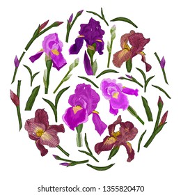 Iris flowers, leaves and buds in a circle. Elements for botanical ornament. Vector image of purple and red iris on a white background.