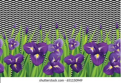 Iris flowers on black waves lines seamless pattern. Vector illustration.