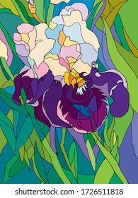 Iris flowers on an emerald background