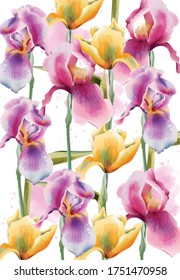 Iris flowers pattern. Watercolor. Hand drawn. Vintage design. Vector
