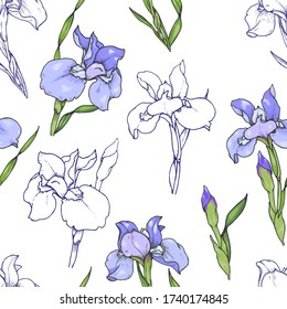 Iris flowers, purple and blue irises, seamless vector illustration
