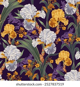 Iris flowers. seamless pattern in a decorative style. 