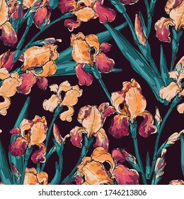 Iris flowers. Seamless pattern in doodle style. Botanical illustration of a flowering meadow. Ink vector graphics. Design for wallpaper, gift wrap, invitation, textile, fabric, paper.