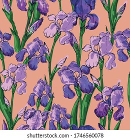 Iris flowers. Seamless pattern in doodle style. Botanical illustration of a flowering meadow. Ink vector graphics. Design for wallpaper, gift wrap, invitation, textile, fabric, paper.