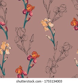 Iris flowers. Seamless pattern in doodle style. Botanical illustration of a flowering meadow. Ink vector graphics. Design for wallpaper, gift wrap, invitation, textile, fabric, paper.