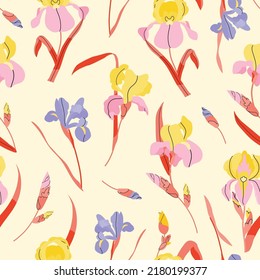 Flores de iris sin costura sobre fondo amarillo. Vector floral verano moderno ilustración para marca, embalaje, tela y textil, papel envolvente