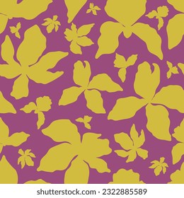 Iris flowers silhouette on purple background seamless pattern. For textile, wrapping paper, packaging, DIY projects.