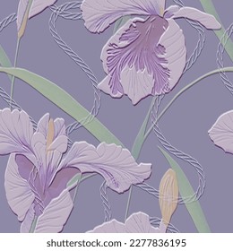 Iris flowers textured emboss 3d seamless pattern. Floral embossed tropical background. Colorful modern backdrop. Line art  flowers, leaves, ropes. Abstract hand drawn surface tropic plants ornaments. 