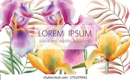 Iris flowers and tropical leaves pattern with place for text. Watercolor. Vector