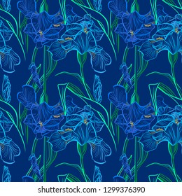 Iris flowers vector seamless pattern flowered background of botany texture