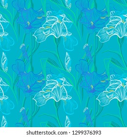 Iris flowers vector seamless pattern flowered background of botany texture