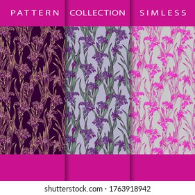 Iris flowers. Vector seamless pattern with purple iris flowers for scrapbooking, print, gift wrap, manufacturing.