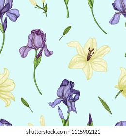 Iris and lily flowers seamless pattern. Vector background in vintage style.