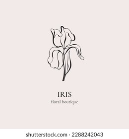 Logo de Iris. Ilustración floral moderna. Plantilla de logotipo floral vectorial. Elegante diseño botánico para fotógrafo, boutique floral, industria de la belleza. Logo femenino estético.