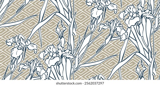 iris ornate japanese chinese vector design seamless pattern