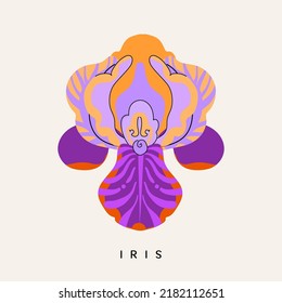 Vector de cabeza de flores púrpura iris aislado en fondo beige. Ilustración floral plana