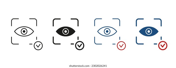 Reconocimiento de Iris para Signo de Identificación Biométrica. Línea de identificación de exploración ocular y conjunto de iconos de silueta. Retina Scanner. Tecnología de exploración de visión para acceso de seguridad. Ilustración de vectores aislados.
