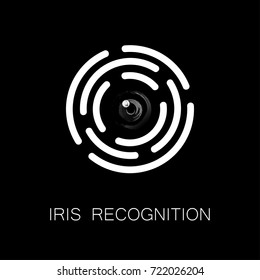 Iris recognition or retina scanning concept. Black eye ball in the middle of layers of round white circle patterns. Icon, banner, emblem isolated on dark background with text. Vector illustration.