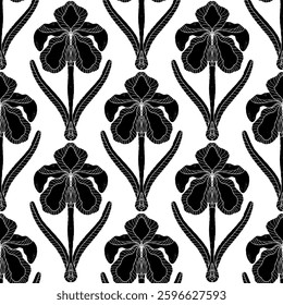 Iris. Seamless floral pattern with stylized decorative flowers and leaves in folk art style. Vintage ornamental print inspired by traditional motifs. Ideal for textiles, wallpaper and stationery.