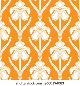 Iris. Seamless floral pattern with stylized decorative flowers and leaves in folk art style. Vintage ornamental print inspired by traditional motifs. Ideal for textiles, wallpaper and stationery.