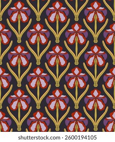 Iris. Seamless floral pattern with stylized decorative flowers and leaves in folk art style. Vintage ornamental print inspired by traditional motifs. Ideal for textiles, wallpaper and stationery.