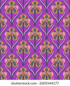Iris. Seamless floral pattern with stylized decorative flowers and leaves in folk art style. Vintage ornamental print inspired by traditional motifs. Ideal for textiles, wallpaper and stationery.