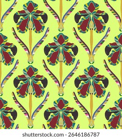 Iris. Seamless floral pattern with stylized decorative flowers and leaves in folk art style. Vintage ornamental print inspired by traditional motifs. Ideal for textiles, wallpaper and stationery.