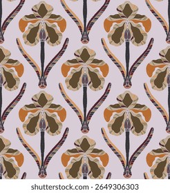 Iris. Seamless floral pattern with stylized decorative flowers and leaves in folk art style. Vintage ornamental print inspired by traditional motifs. Ideal for textiles, wallpaper and stationery.