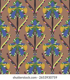 Íris. Padrão floral perfeito com flores decorativas estilizadas e folhas em estilo de arte popular. Impressão ornamental vintage inspirada em motivos tradicionais. Ideal para têxteis, papel de parede e artigos de papelaria.