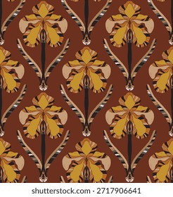 Iris. Patrón floral sin fisuras con flores y hojas decorativas estilizadas en estilo de arte popular. Estampado ornamental de Antiguas inspirado en motivos tradicionales. Ideal para textiles, Fondo de pantalla y papelería.
