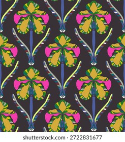 Iris. Nahtloses Blumenmuster mit stilisierten dekorativen Blumen und Blättern im Volkskunststil. Vintage-Ornamentdruck, inspiriert von traditionellen Motiven. Ideal für Textilien, Tapeten und Schreibwaren.