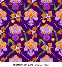 Iris seamless pattern with flower bud and leaves on purple background. Green, orange, purple, white. Summer floral decorative print for textiles, fashion, wrapping paper, wallpaper