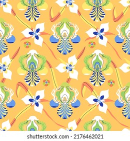 Iris seamless pattern with flower bud and leaves on yellow background. Green, blue, yellow. Summer spring floral decorative print for textiles, fashion, wrapping paper, wallpaper